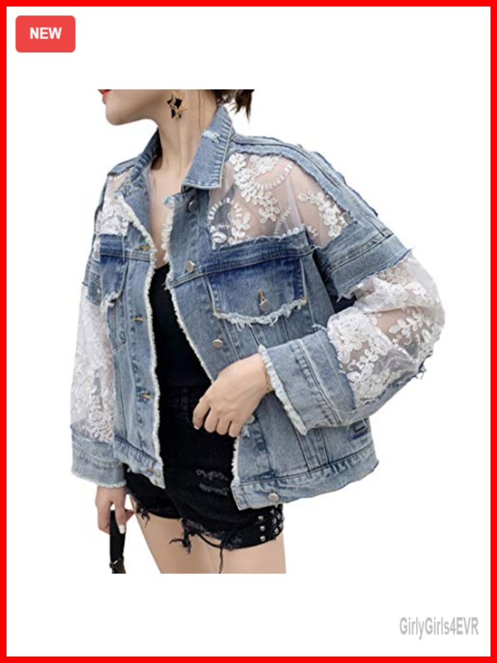 Women's See Through Floral Embroidery Lace Crop Denim Jacket Ripped Distressed